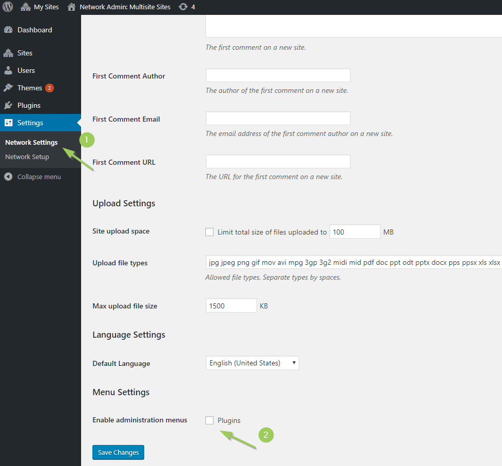 multisite network settings enable admin menus